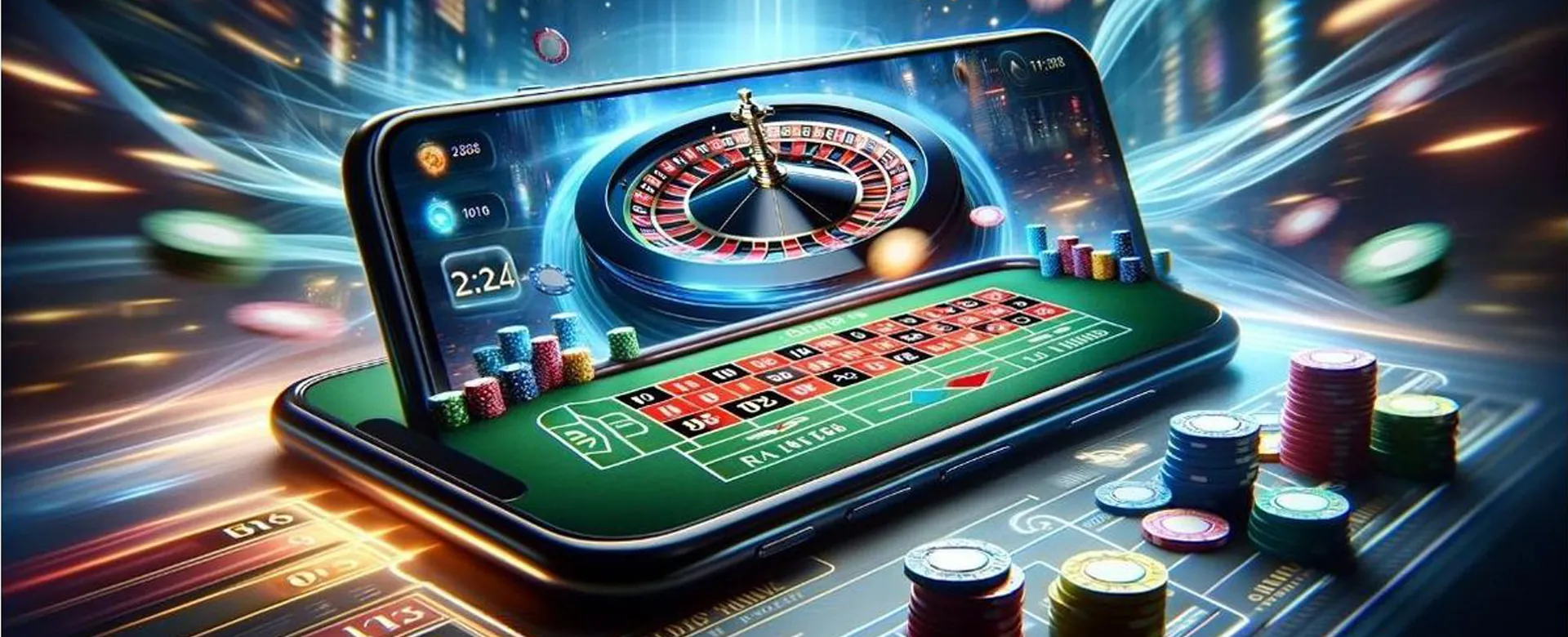 Dynamic background of an online casino platform with glowing lights